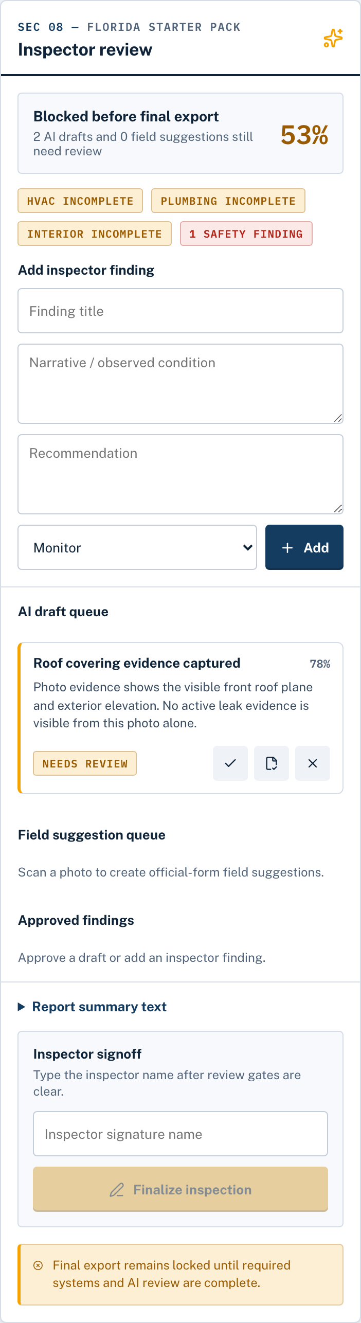 Review step where the inspector approves, edits, or rejects each drafted finding